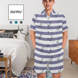 Personalized Name Pajamas for Men Summer Loungewear Custom Stripe Men's V-Neck Short Sleeve Pajama Set