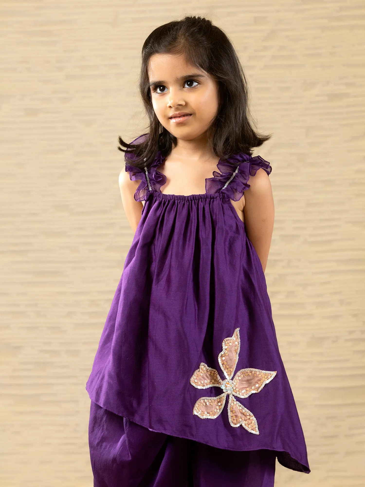 Purple - Designer Chanderi Ethnic Top with Dhoti for - Girls