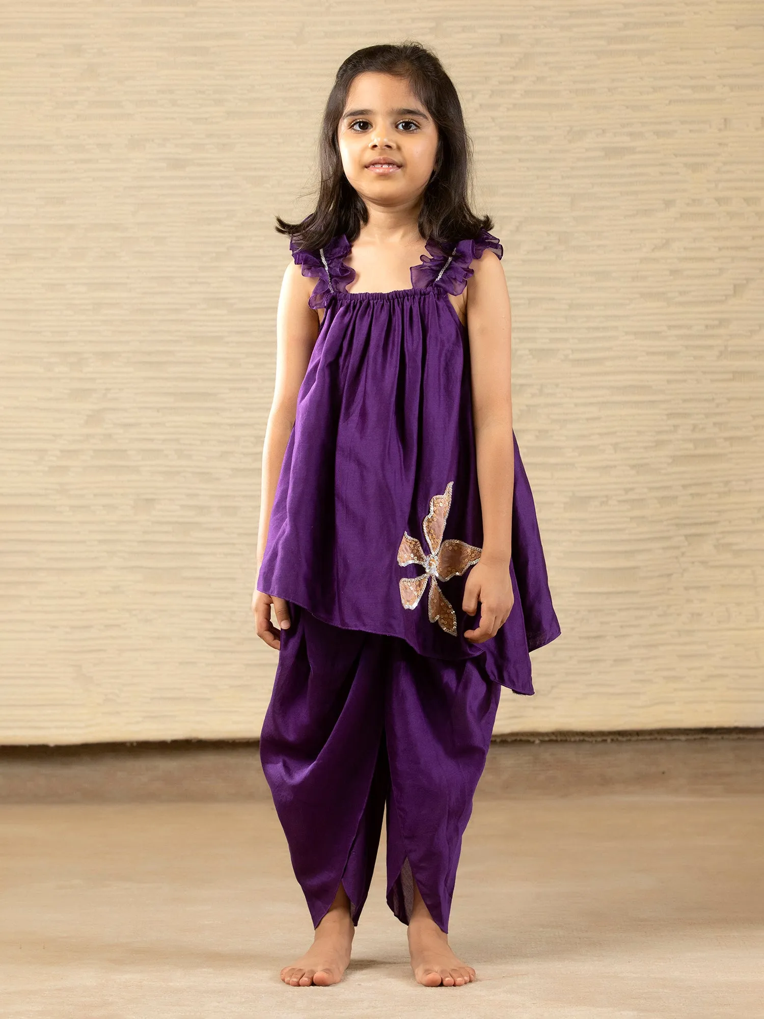 Purple - Designer Chanderi Ethnic Top with Dhoti for - Girls