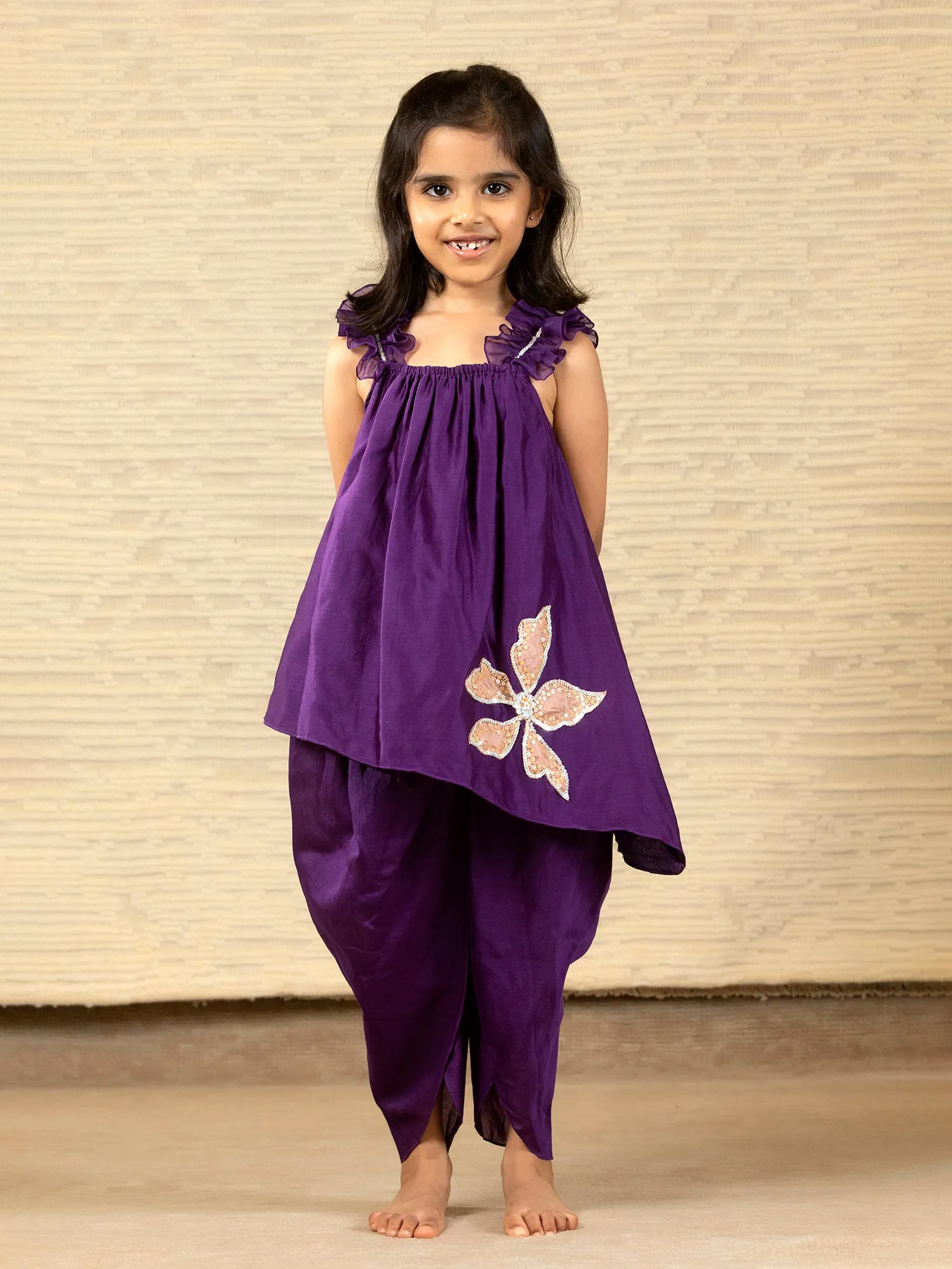 Purple - Designer Chanderi Ethnic Top with Dhoti for - Girls