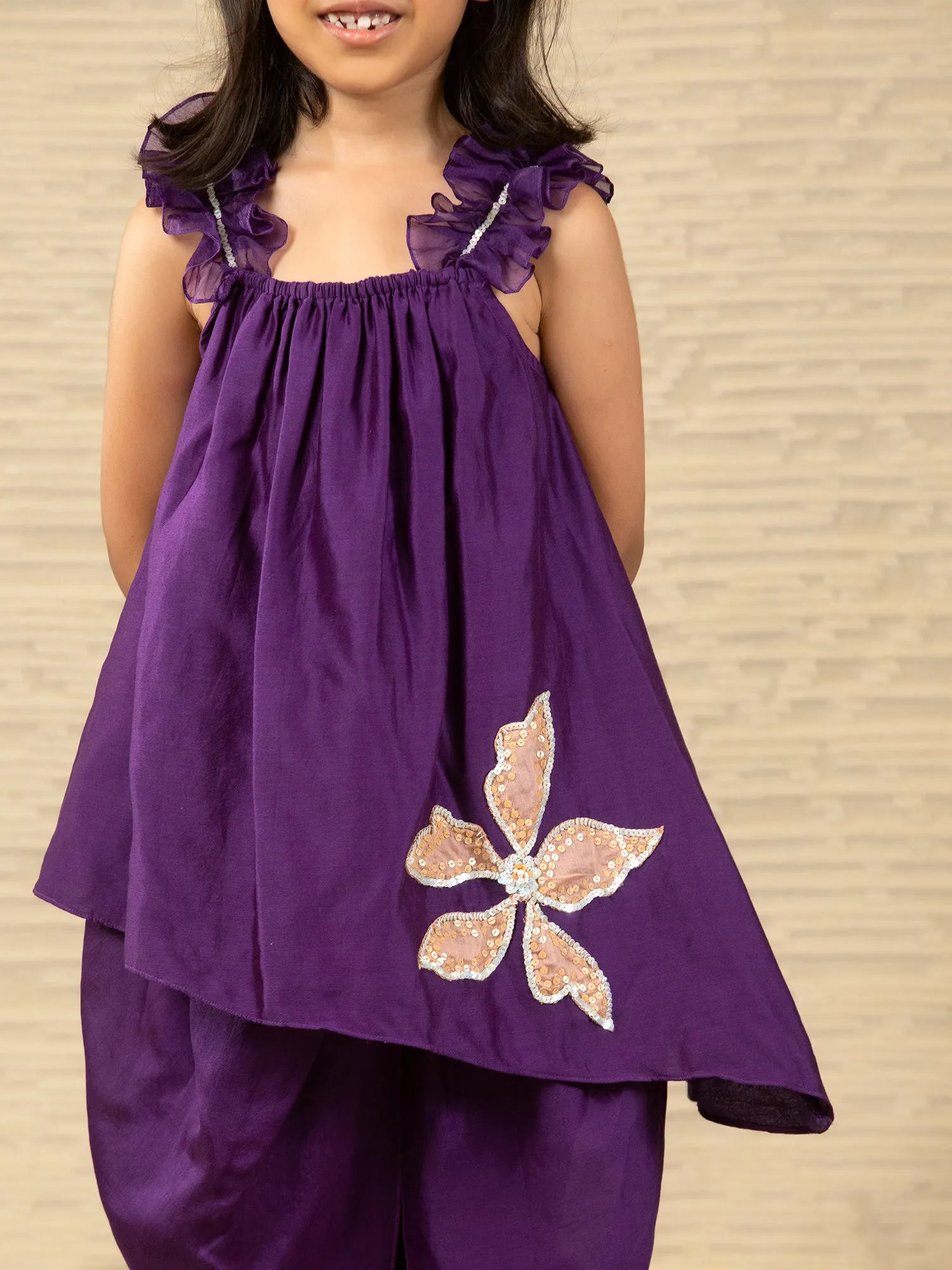 Purple - Designer Chanderi Ethnic Top with Dhoti for - Girls