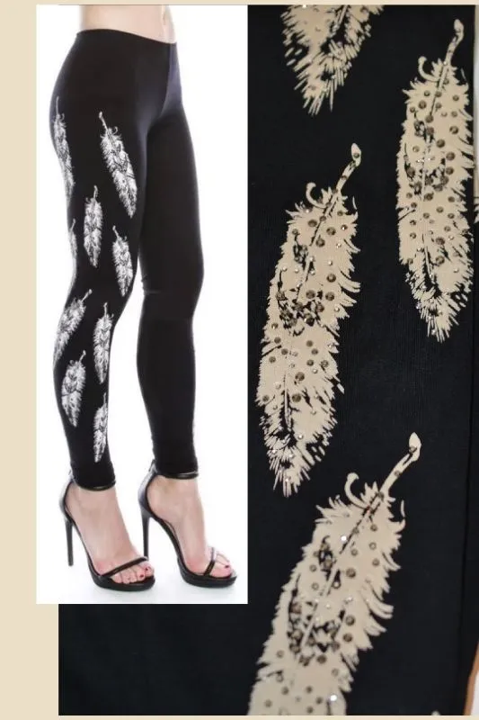 Vocal Feather Print Rhinestone Leggings - Black/Tan