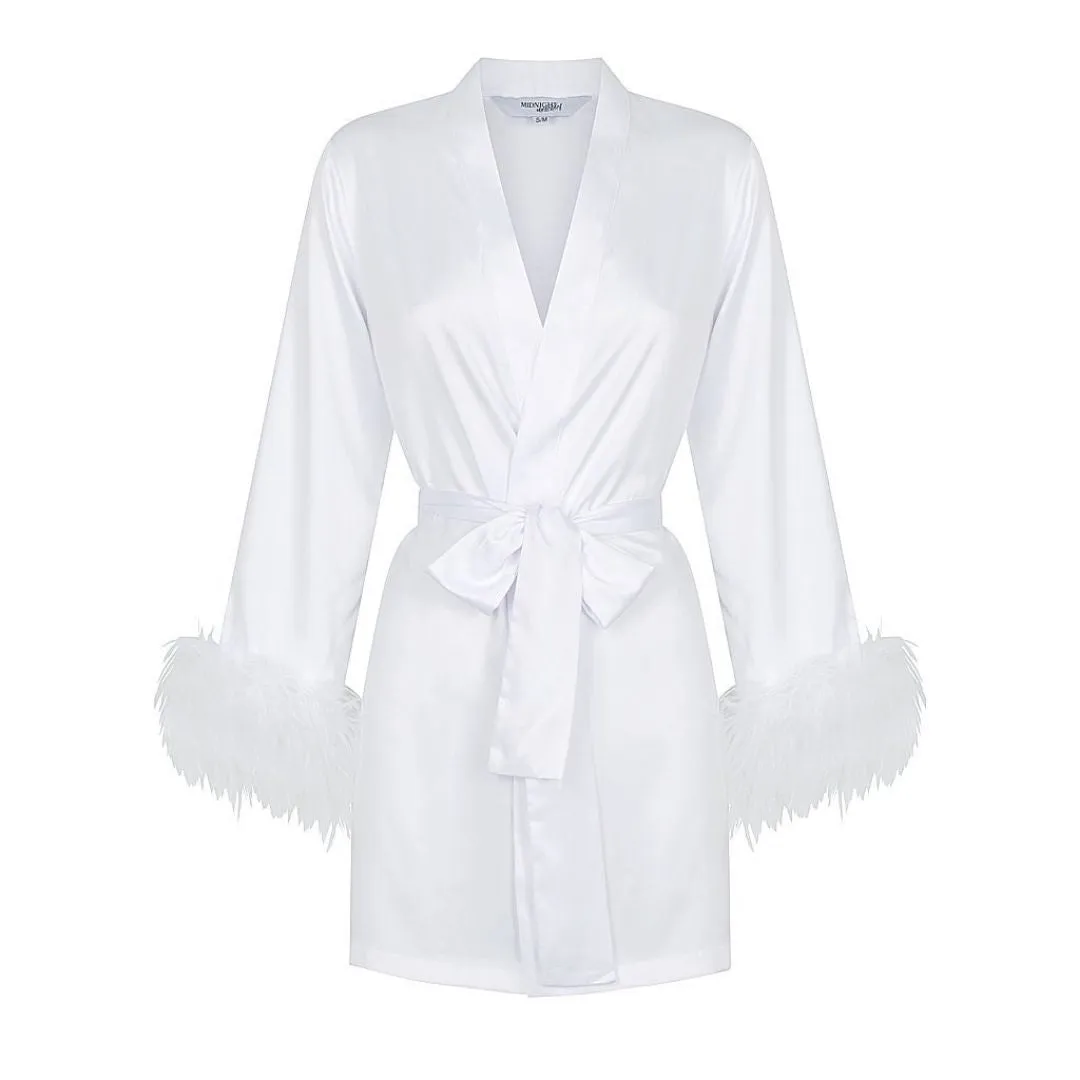 White Satin Feather Short Robe