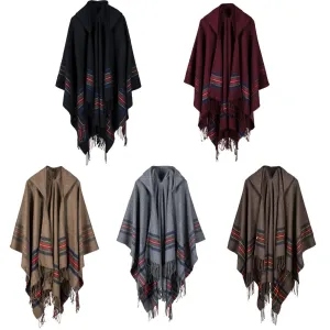 Women Knitted Poncho Cape Hooded Stripe Oversized Cardigan Sweater Long Shawl Scarf Cashmere Pashmina