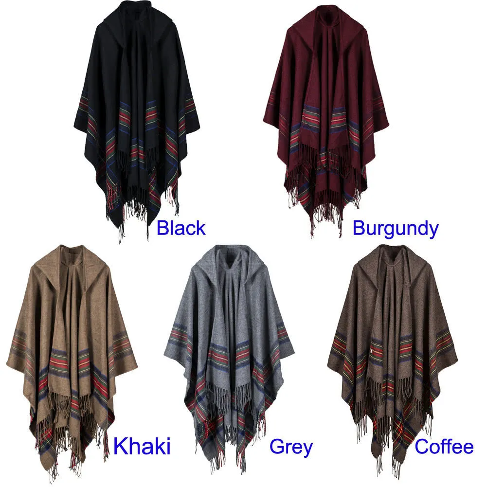 Women Knitted Poncho Cape Hooded Stripe Oversized Cardigan Sweater Long Shawl Scarf Cashmere Pashmina