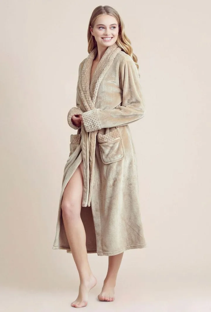 Women Plush Shawl Collar Robe, Luxury & Comfort, Lightweight & Soft, (Taupe)