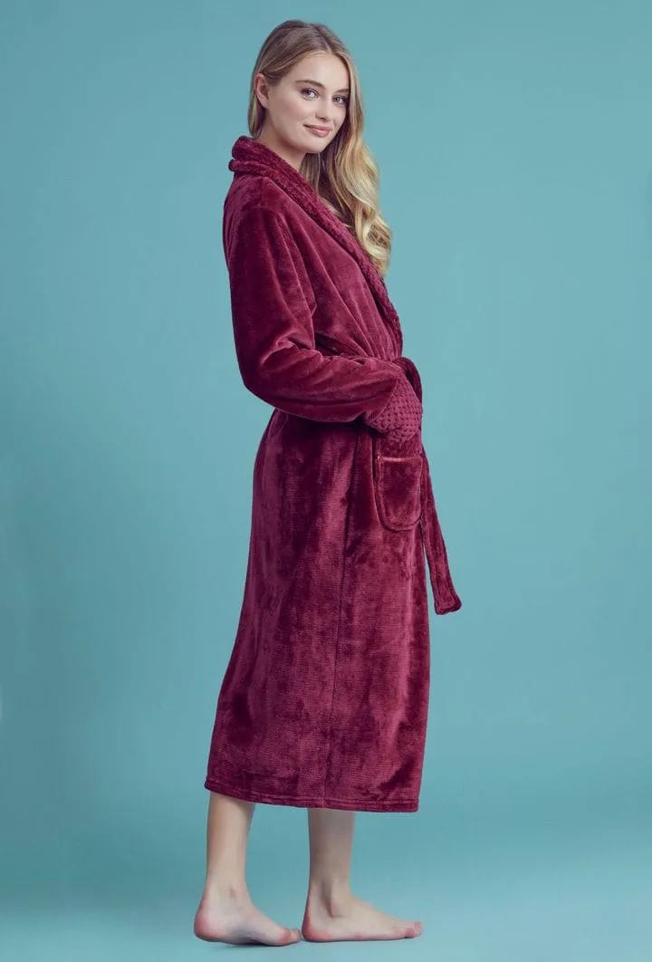 Women Plush Shawl Collar Robe, Luxury & Comfort, Lightweight & Soft, (Wine Red)