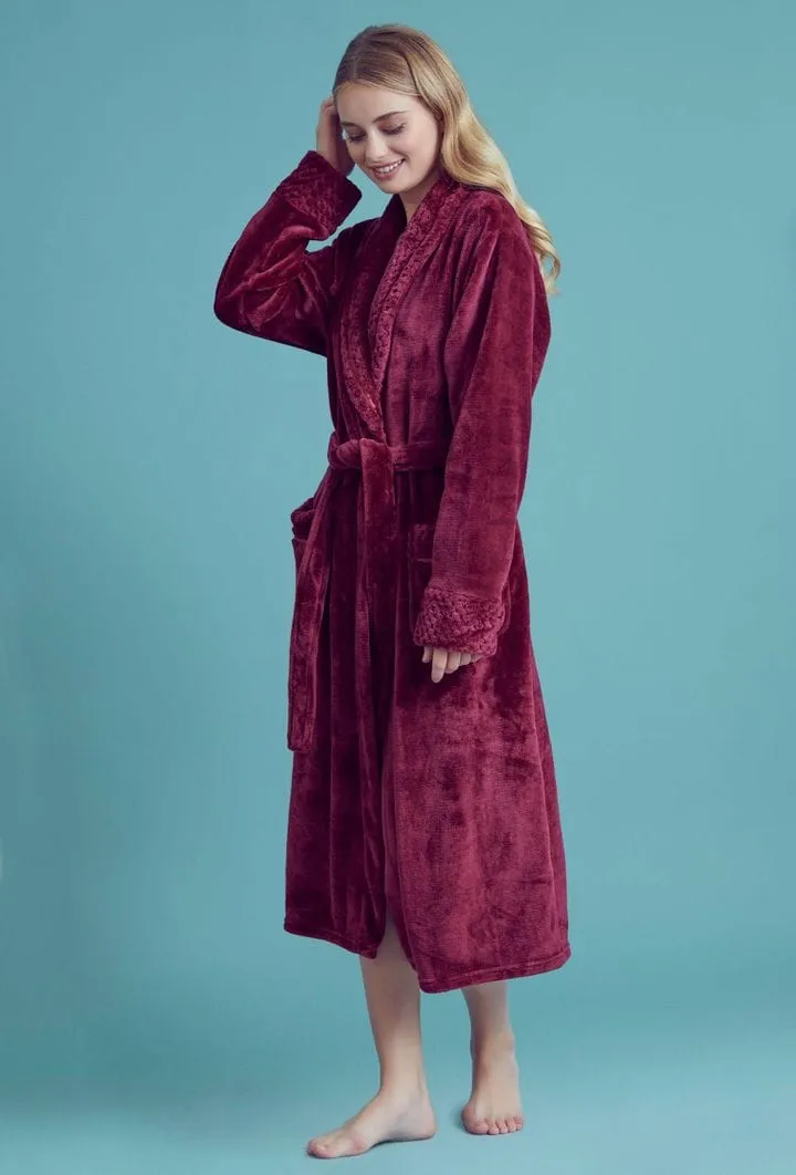 Women Plush Shawl Collar Robe, Luxury & Comfort, Lightweight & Soft, (Wine Red)