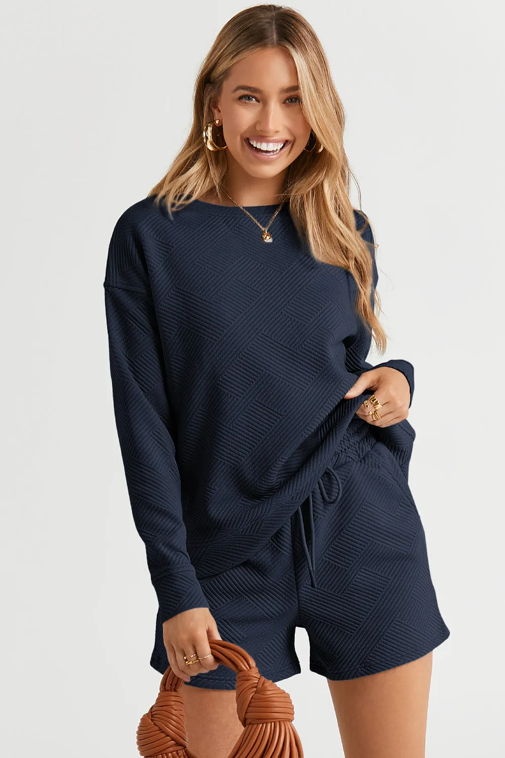 Women's 2 Piece Textured Outfits Long Sleeve Lounge Sets Cozy Pajamas Tracksuit Set