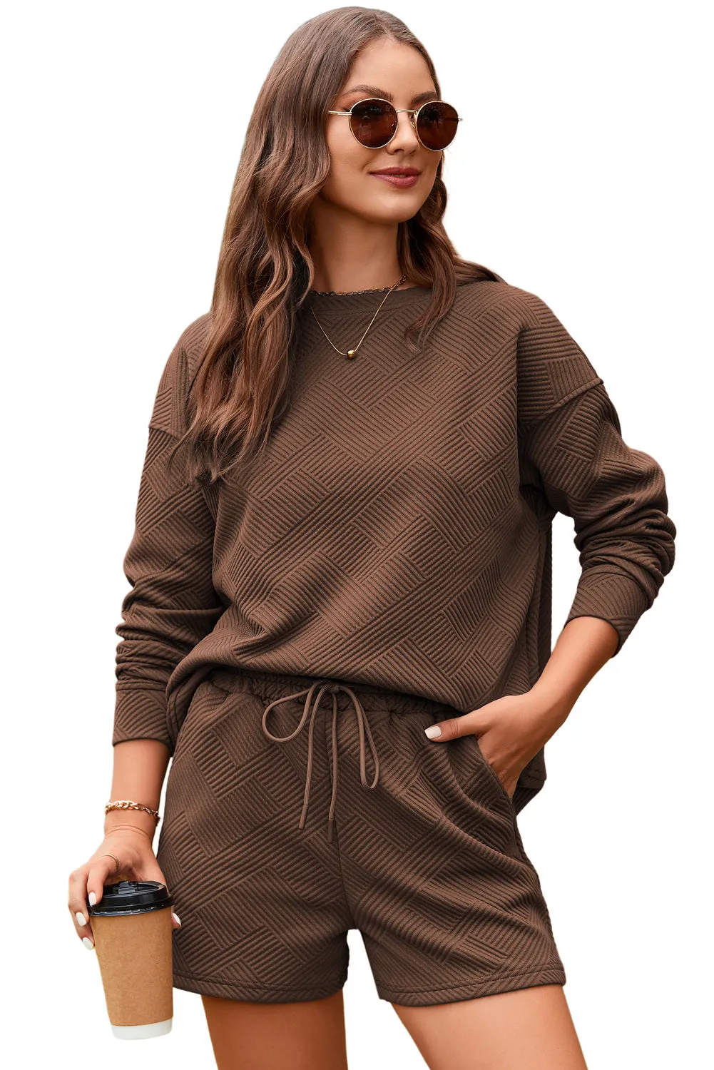 Women's 2 Piece Textured Outfits Long Sleeve Lounge Sets Cozy Pajamas Tracksuit Set