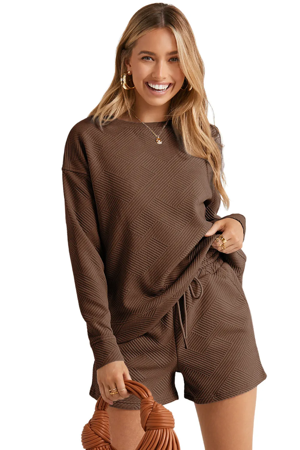 Women's 2 Piece Textured Outfits Long Sleeve Lounge Sets Cozy Pajamas Tracksuit Set