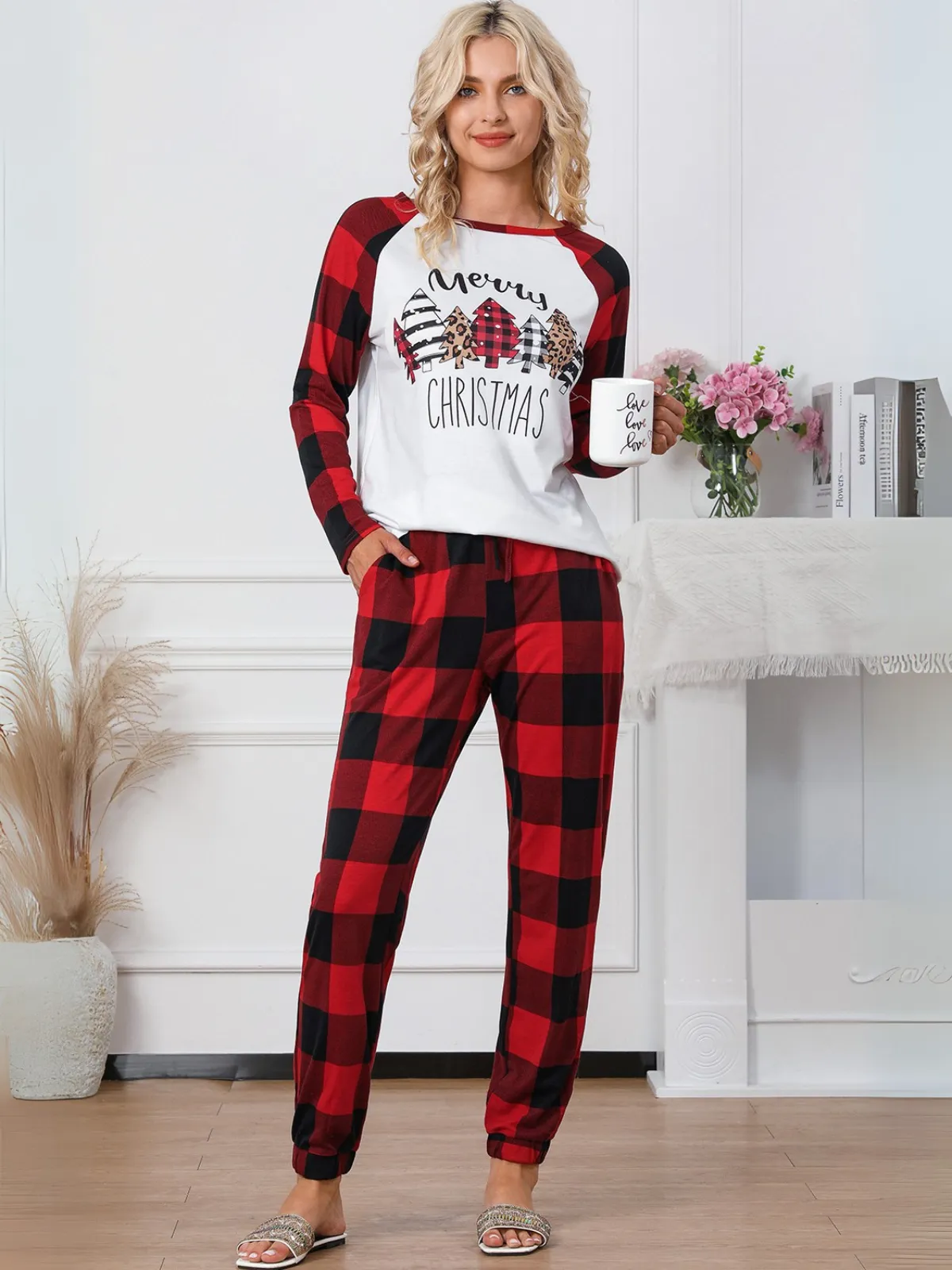 Womens Buffalo Plaid "Merry Christmas" Pajama Set for Women