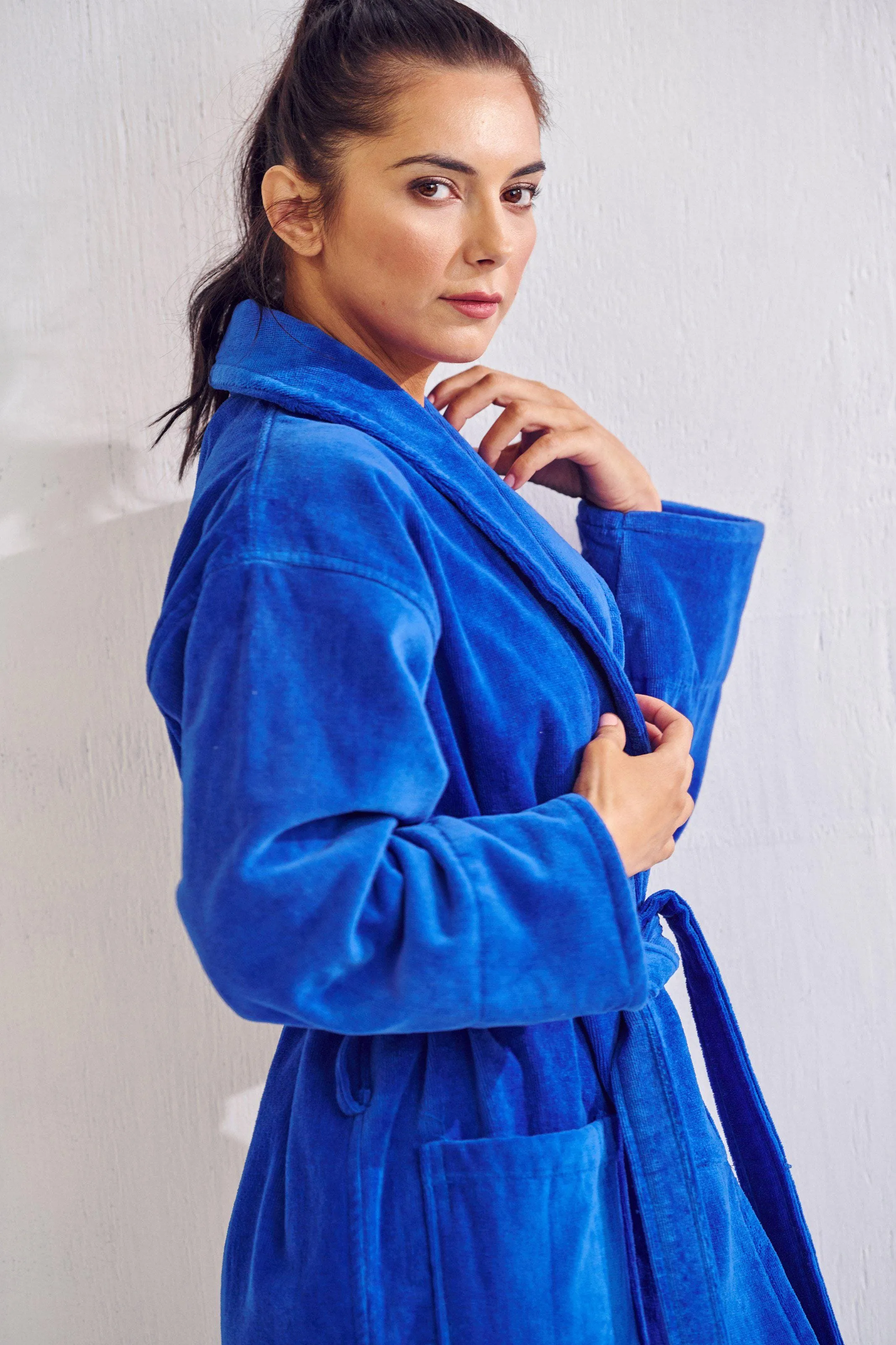 Women's Plush Bathrobe, Cotton Turkish Velour Shawl Collar, Luxury & Comfortable Robe, (Royal Blue)