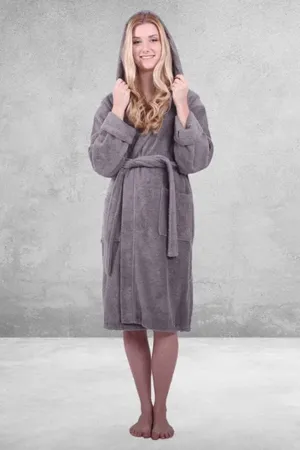 Women's Terry Cotton Turkish Hooded Bathrobe, Luxurious Terry Cloth, Lightweight Soft & Fast Dry (Grey)