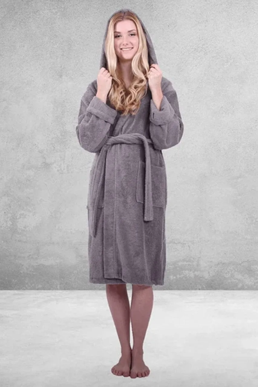 Women's Terry Cotton Turkish Hooded Bathrobe, Luxurious Terry Cloth, Lightweight Soft & Fast Dry (Grey)