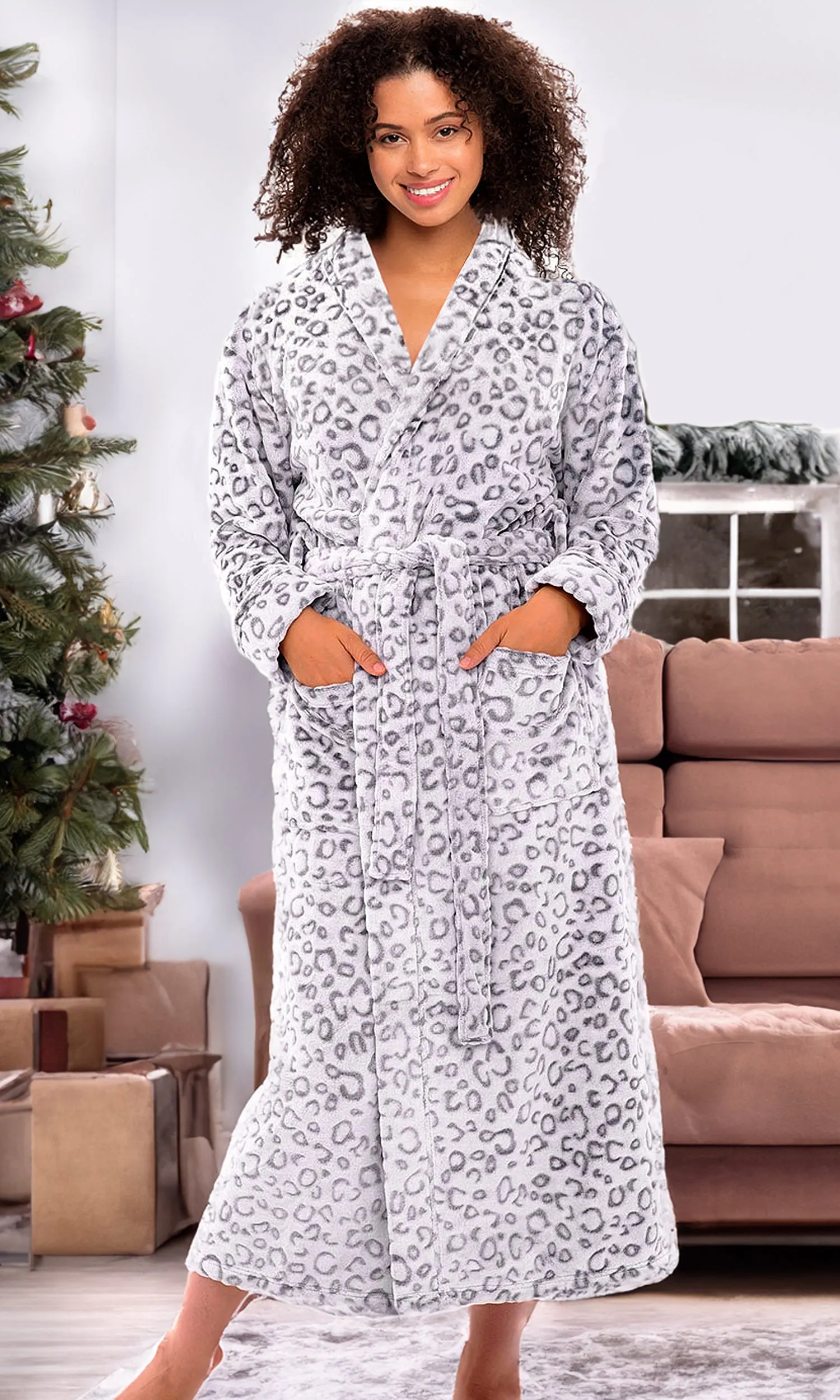 Women's Tiger Leopard Animal Print Robe, Plush Fleece Bathrobe