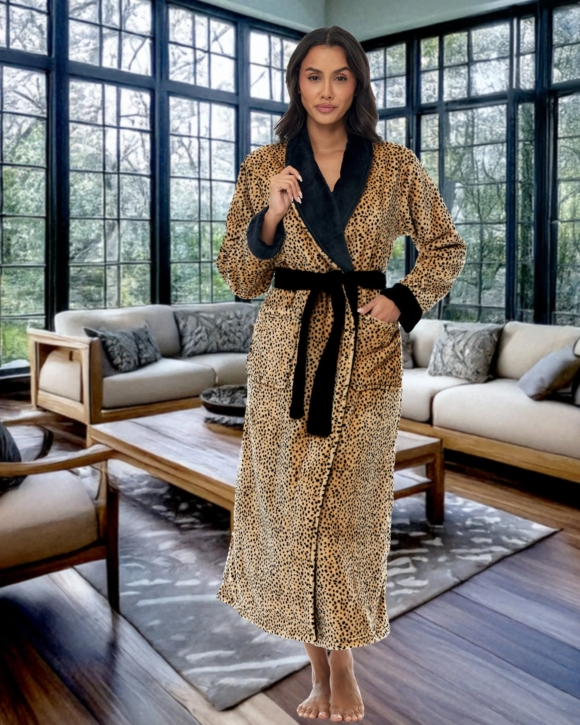 Women's Tiger Leopard Animal Print Robe, Plush Fleece Bathrobe