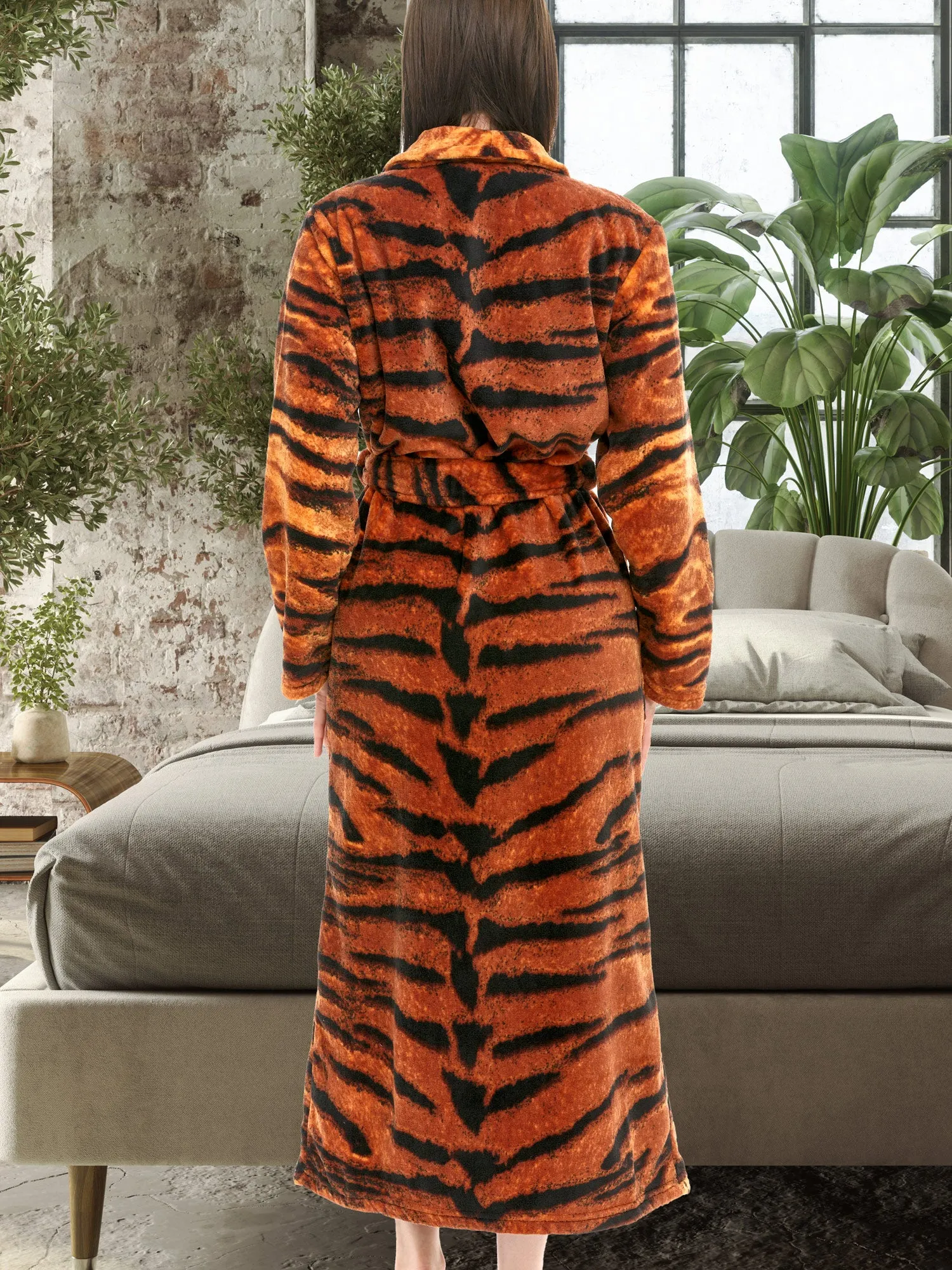 Women's Tiger Leopard Animal Print Robe, Plush Fleece Bathrobe