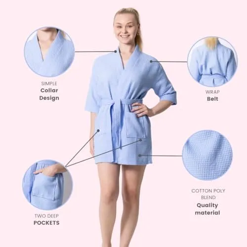 Women's Waffle Kimono Short Bathrobe- Luxurious Cotton Turkish, Absorbency & Lightweight (Blue)