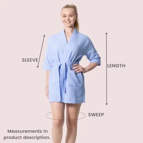 Women's Waffle Kimono Short Bathrobe- Luxurious Cotton Turkish, Absorbency & Lightweight (Blue)