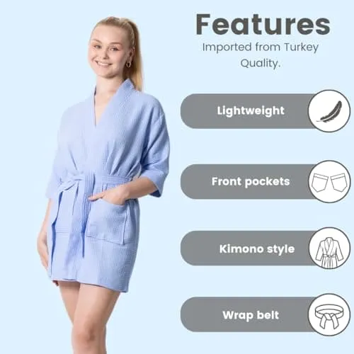 Women's Waffle Kimono Short Bathrobe- Luxurious Cotton Turkish, Absorbency & Lightweight (Blue)