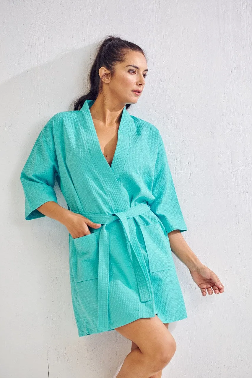 Women's Waffle Kimono Short Bathrobe- Luxurious Cotton Turkish, Absorbency & Lightweight (Turquoise)