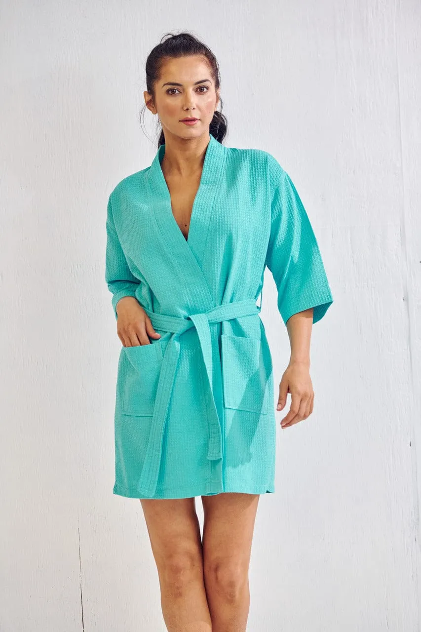 Women's Waffle Kimono Short Bathrobe- Luxurious Cotton Turkish, Absorbency & Lightweight (Turquoise)