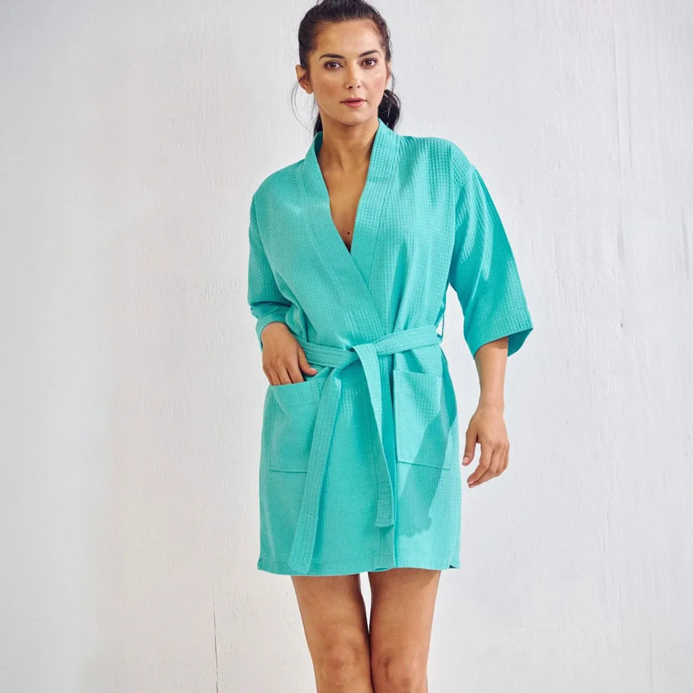 Women's Waffle Kimono Short Bathrobe- Luxurious Cotton Turkish, Absorbency & Lightweight (Turquoise)