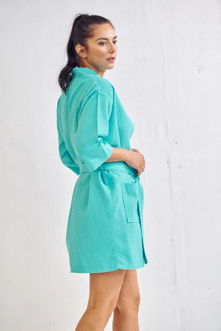 Women's Waffle Kimono Short Bathrobe- Luxurious Cotton Turkish, Absorbency & Lightweight (Turquoise)