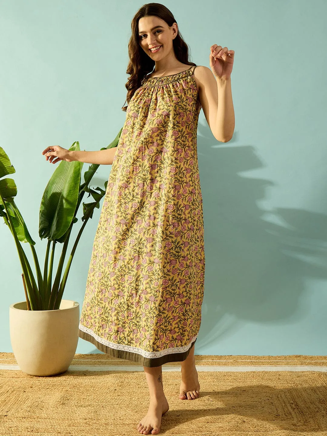 Yellow Petals Cotton Night Dress