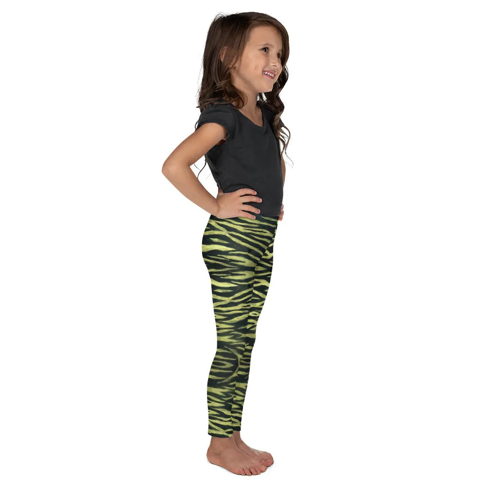 Yellow Tiger Striped Kid's Leggings, Animal Print Premium Fashion Tights For Boys Girls-Made in USA