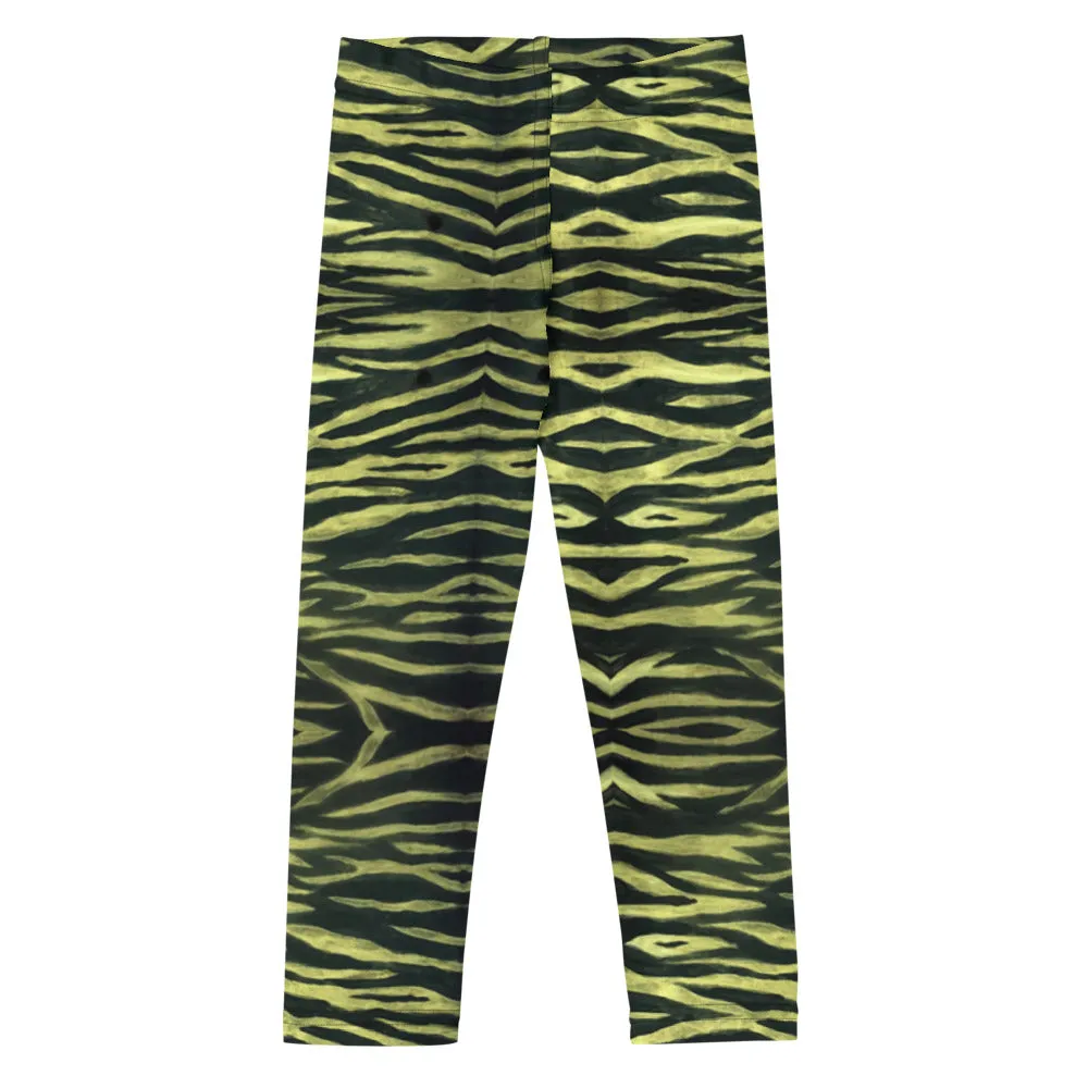 Yellow Tiger Striped Kid's Leggings, Animal Print Premium Fashion Tights For Boys Girls-Made in USA